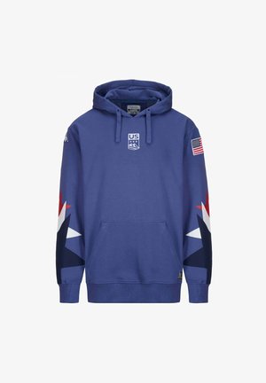 Felpa blu con tasca frontale, caratterizzata da un logo bianco "US" e motivi a stelle rosse, bianche e blu sulle maniche. Bandiera americana sulla manica.