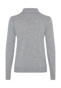 Maglione grigio chiaro con colletto a coste, maniche lunghe e una superficie liscia. Presenta un design aderente con uno stile semplice e minimalista.