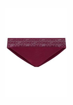 Burgundiska trosor för kvinnor med en bred elastisk midjeband som har en upprepad "JOCKEY"-logotyp, tillverkade av ett mjukt, elastiskt material.