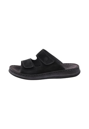 Schwarze offene Slip-On-Sandale mit zwei verstellbaren Klettverschlüssen und gepolsterter Sohle, entworfen für den lässigen Gebrauch.