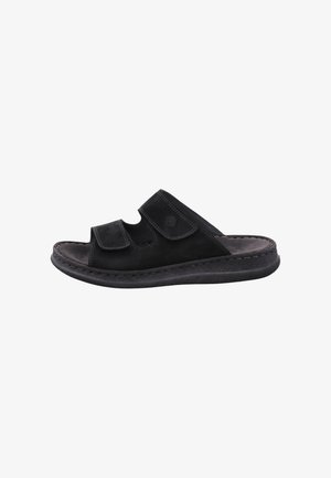 Sort åben tå slip-on sandal med to justerbare velcrolukninger og polstret sål, designet til afslappet brug.