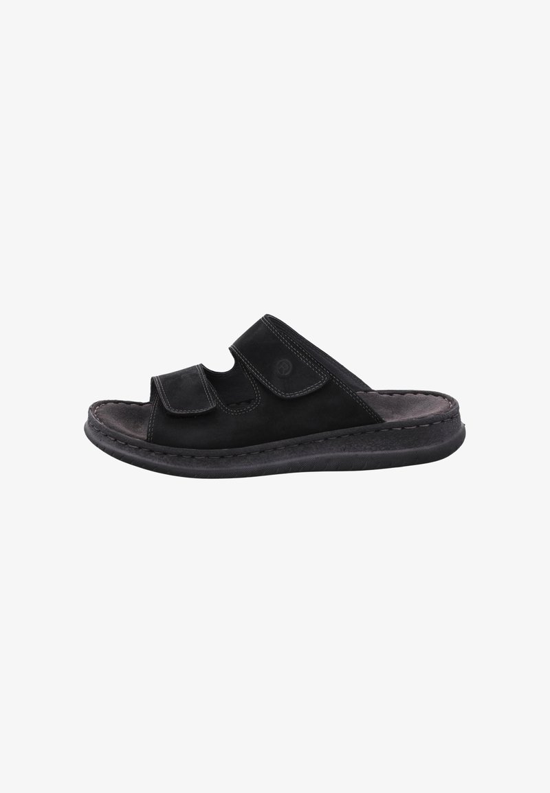Sort åben tå slip-on sandal med to justerbare velcrolukninger og polstret sål, designet til afslappet brug.