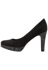 Black suede platform pumps with a rounded toe, featuring a textured black heel with a sparkling pattern and a smooth upper.