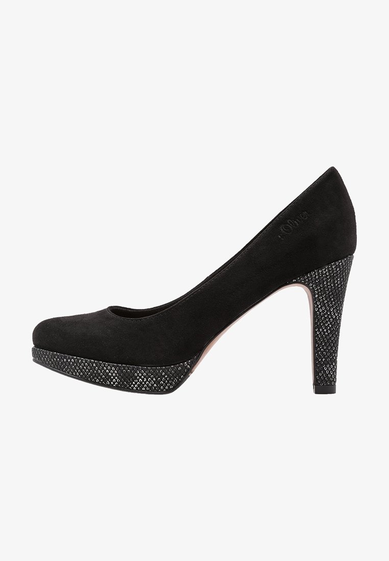Black suede platform pumps with a rounded toe, featuring a textured black heel with a sparkling pattern and a smooth upper.