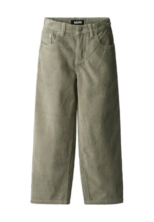 Pantaloni a gamba larga in corduroy verde con una texture a costine. Dotati di tasche frontali, chiusura con bottone e passanti per cintura. Etichetta del marchio in vista.