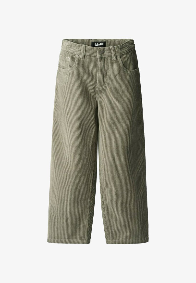 Groene corduroy wijde broek met een ribbeltextuur. Kenmerken zijn onder andere voorzakken, een knoopsluiting en riemlussen. Merklabel zichtbaar.