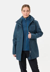 Giacca impermeabile di un verde scuro con cappuccio, zip anteriore e due tasche laterali, indossata sopra un maglione in pile blu con zip.