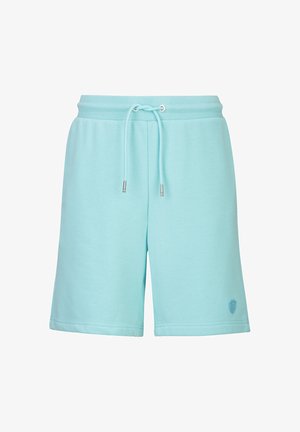 Hellblaue Shorts knielang mit Kordelzugbund und kleinem gesticktem Logo am unteren linken Bein.