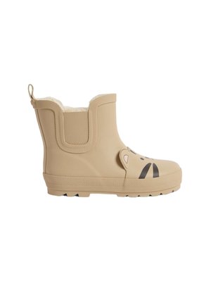 Beige Gummiregenstiefel mit einem pelzigen Innenfutter, ausgestattet mit einem verspielten Tiergesicht-Design, strukturierten Akzenten und einer gemusterten Sohle für besseren Halt.