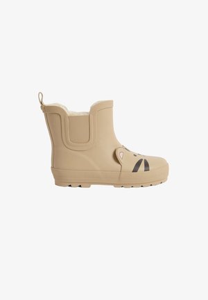 Botas de lluvia de goma beige con un forro peludo, que presentan un diseño juguetón de cara de animal, acentos texturizados y una suela con patrón para mayor tracción.