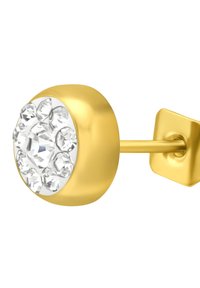 Orecchino a bottone in oro con design rotondo, caratterizzato da un grappolo di strass trasparenti su uno sfondo in oro lucido.