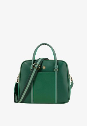 Groene leren handtas met een gestructureerd ontwerp, dubbele handvatten aan de bovenkant, verstelbare gestreepte schouderband en messing hardware accenten. Gladde textuur.