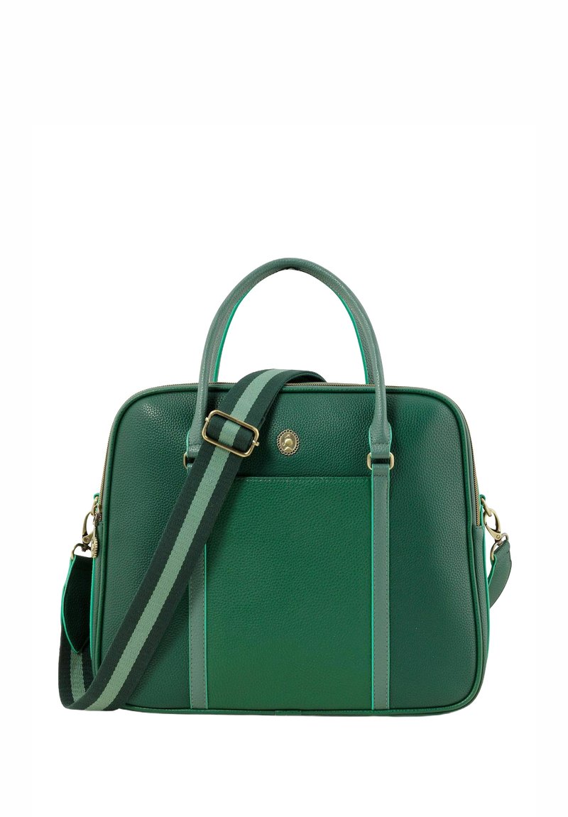 Green leather handbag with a structured design, dual top handles, adjustable striped strap, and brass hardware accents. Smooth texture.