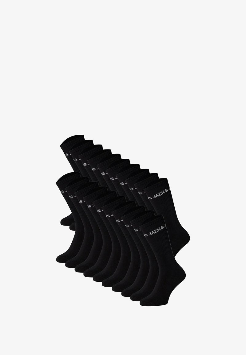 Czarne skarpetki bawełniane w opakowaniu zawierającym kilka par. Posiadają ryflowany wzór z detalami logo na górnym pasie. Klasyczna długość do kostki.