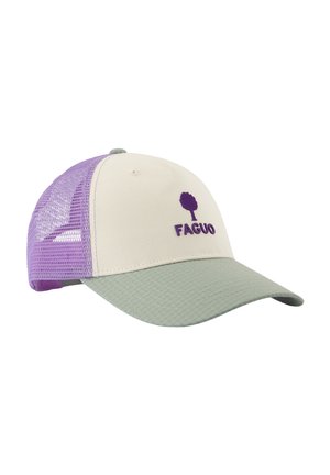 Casquette de baseball avec visière vert clair, panneau avant beige, arrière en mesh violet, et logo d'arbre violet avec le texte "FAGUO" à l'avant.