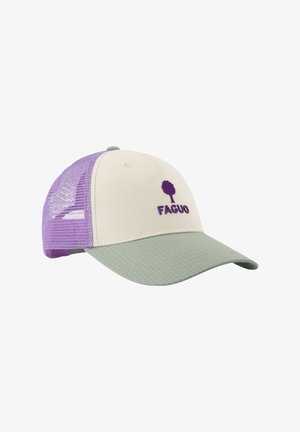 Casquette de baseball avec visière vert clair, panneau avant beige, arrière en mesh violet, et logo d'arbre violet avec le texte "FAGUO" à l'avant.