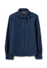 Donkerblauwe spijkerblouse met een kraag, strikdetail, lange mouwen met verzamelde manchetten en een knoopsluiting vooraan.