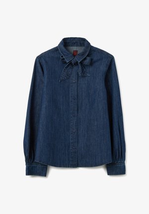 Dunkelblaus Denim-Hemd mit Kragen, Schleifen-Detail, langen Ärmeln mit gerafften Manschetten und durchgehender Knopfleiste.