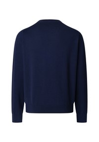 Granatowy sweter z długim rękawem, z prążkowanymi mankietami i dołem, pokazany od tyłu na białym tle.