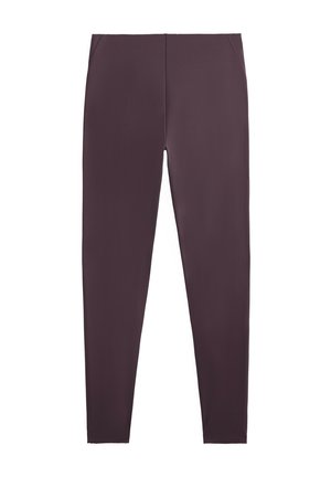 Leggings negre-purpurii dintr-un material elastic, cu o textură netedă și un design ajustat, prevăzute cu un elastic în talie.