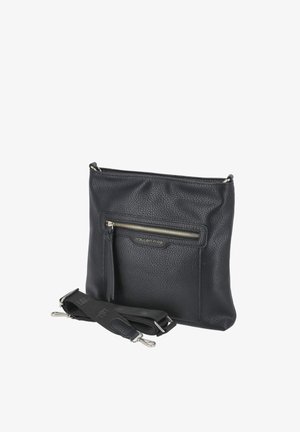 Czarna, teksturowana skórzana torebka na ramię z przednią kieszenią na suwak, odpinanym paskiem na ramię i srebrnymi okuciami, marka "Fraulein Frida."