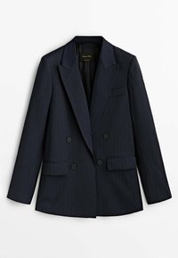 Blazer bleu marine foncé croisé avec fines rayures, larges revers, quatre boutons noirs et deux poches avant à rabat.