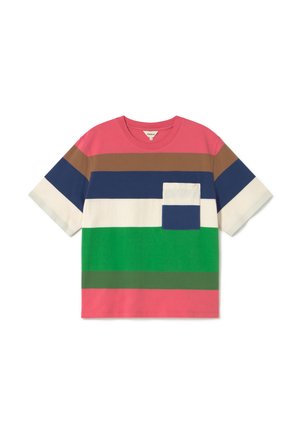 Short-sleeve T-shirt made of cotton, featuring horizontal stripes in pink, brown, navy, white, green, with a small navy chest pocket.