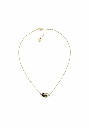 Goldfarbener Kettenanhänger mit einem verflochtenen schwarzen und goldenen Anhänger, an dem ein kleiner runder Charm am Verschluss befestigt ist.
