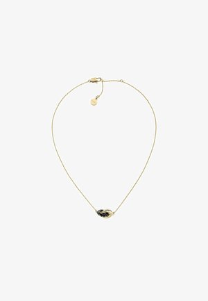 Zelta tonī ķēdīte ar savīto melno un zelta piekariņu, pie kura piekārta ir maza apaļa piekare, kas piestiprināta pie aizdarei.