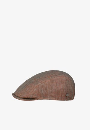 Brown and grey tweed flat cap with subtle orange accents and small round metal logo on the side.