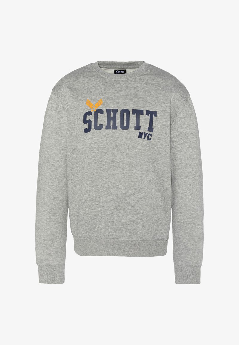 Felpa grigia realizzata in misto cotone, con collo rotondo e polsini a coste. Sul davanti è stampato "SCHOTT NYC" in blu navale con una grafica di un'aquila arancione.
