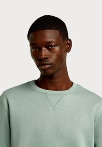 Jasnozielona bluza z miękkiego materiału, z prążkowanym dekoltem i akcentami na ramionach, z subtelnym logo na piersi.