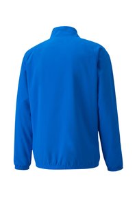 Blauwe lichtgewicht jack, glad polyester stof, niet-versierde achterkant, elastische manchetten, staande kraag, rechte snit, geen zichtbare hardware of patronen.