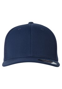 Navy blue cap with a structured shape, made of textured fabric, featuring mesh side panels and a curved brim. Logo on the front.