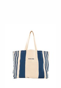 Borsa in tela con strisce blu e crema. Presenta manici robusti e logo "SALSA JEANS" in blu navy. Forma rettangolare, tessuto morbido.