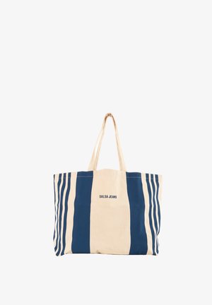 Borsa in tela con strisce blu e crema. Presenta manici robusti e logo "SALSA JEANS" in blu navy. Forma rettangolare, tessuto morbido.