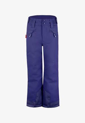 Purple snow pants with a smooth, waterproof material, adjustable waistband, two zippered pockets, and reinforced ankle cuffs.
