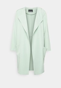 Miętowozielona lekka kurtka o luźnym kroju, dużym kołnierzu, rękawach do trzech czwartych i dwóch bocznych kieszonkach. Gładka faktura i prosty design.