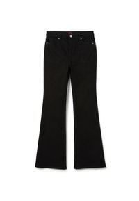 Jeans neri a zampa d'elefante in misto cotone, con chiusura a bottone e design a 5 tasche. Texture liscia senza motivi o decorazioni visibili.