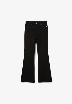 Zwarte flared jeans van een katoenmix, met een knoopsluiting en een 5-pocket ontwerp. Gladde textuur zonder zichtbare patronen of versieringen.