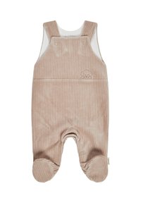 Helle beigefarbene Cord-Dungarees mit Trägern, die ein gesticktes Hundedesign und gerundete Fußaufsätze aufweisen. Weicher Stoff insgesamt.