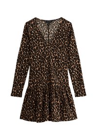Vestido de leopardo con mangas largas, escote en V, cuerpo ajustado y falda acampanada. Fabricado en tejido suave con una superficie texturizada.