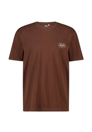 Bruin T-shirt met korte mouwen, ronde hals en klein minimalistisch wit bloemdessin op de linkerborst.