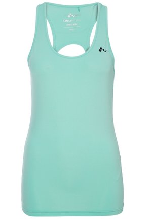 Hellblaues Racerback-Sporttop für Damen mit kleinem schwarzem Logo auf der Brust und dem Schriftzug "ONLY PLAY SPORTSWEAR" innen am Halsausschnitt.