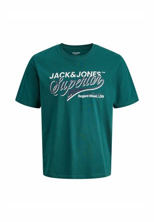 T-shirt en coton sarcelle avec un col rond. Présente une impression blanche indiquant "JACK&JONES Superior Regent Street, LDN" sur le devant.