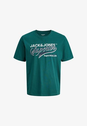 Tyrkysové bavlněné tričko s kulatým výstřihem. Na přední straně bílé nápisy "JACK&JONES Superior Regent Street, LDN".
