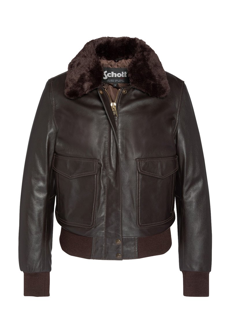 Braune Lederjacke mit einem Kragen aus Kunstfell, Reißverschluss vorne und zwei großen Fronttaschen. Rippstrickbündchen und der untere Saum sorgen für Textur.