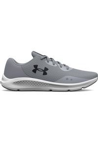 Lightweight gray running shoes with a textured upper, black logo, white midsole, and a patterned outsole for traction.