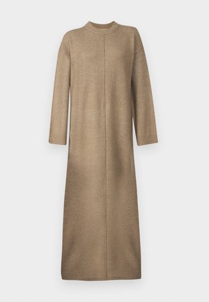 Robe en tricot de couleur beige doux, avec un col montant, des manches longues et une coupe droite avec un détail de couture centrale.
