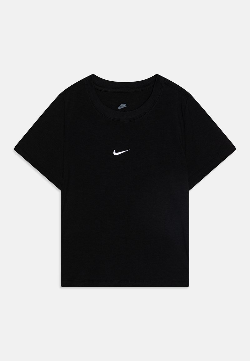 T-shirt en coton noir avec un col rond et des manches courtes, arborant un logo Nike blanc sur la poitrine. Texture lisse, coupe standard.